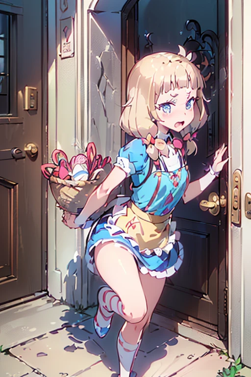 (perky chest:1.2), (pointed chest:1.2),(((Black Tunic:1.3))),(((cakes and bread in the basket),Cute and beautiful girl,Cute round face,Cute smile,with blush cheeks,Red Lip,a girl , nsfw:1.2, beautiful body:1.3), shinny skin, BREAK, ((alice in the wonderland:1.3, cute, kawaii, lovely, funny, a girl falling down from sky:1.3, girl flying in sky:1.4, girl floating in air:1.5, rolling upskirt by wind:1.6, (with sparkling eyes and a contagious smile),open mouth, Looking at Viewer, surprised, putting hands on crotch over the skirts:1.5)), BREAK, ((floating things as follows:1.3, PlayingCards, Trump, tea cup, tea pot, tea spoons, pocket watch:1.3, lip sticks, candies:1.2, cookies, jam bottles, classical door_keys)), ((long purply_Blue dress :1.5, wearing long flaired skirt:1.3, the skirt is blowing:1.3, cute pink Apron, black stockingedium long platinum-blonde hair:1.2, twin tail hair:1.6, tied hair with a large ribbon), (Blue eyes, bright pupils with highlights, detailed eyes), (lying down on your back:0.7, spreading legs with rising up straight:0.7), sexy posture, fantastic colorful art, (fantasy art:1.2, wondered images), ((correct anatomy:1.5, perfect anatomy:1.3, correct hand, small foot:1.2)),