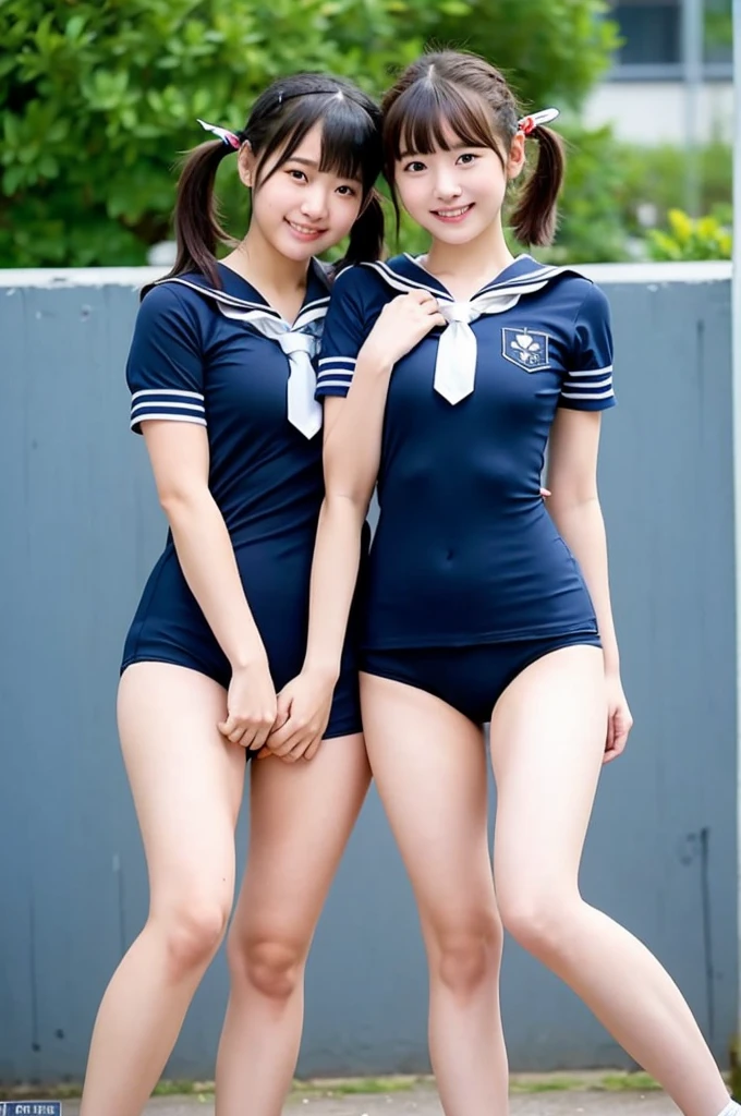 2 girls standing in school yard,short-sleeved navy blue school swimsuit,hands on crotch,18-year-old,bangs,a little smile,thighs,knees,short hair with low pigtails bunches with sailor ribbon bow,from below,front light