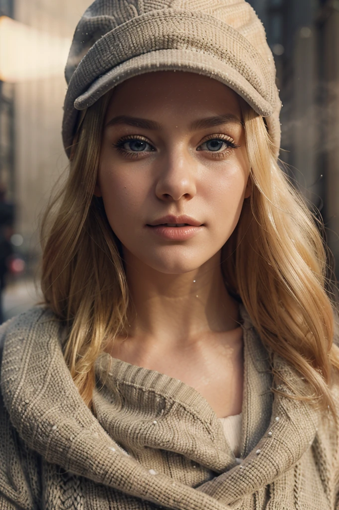a beautiful blonde woman, detailed eyes, beautiful detailed lips, perfect body proportion, extremely detailed face, long eyelashes, 1girl, with a relaxed and calming air, with steam coming out of her mouth, wearing a cap, photorealistic, winter in New york city, cinematic lighting, snow, cozy, warm colors, intricate details, hyper realistic, 8k, masterpiece