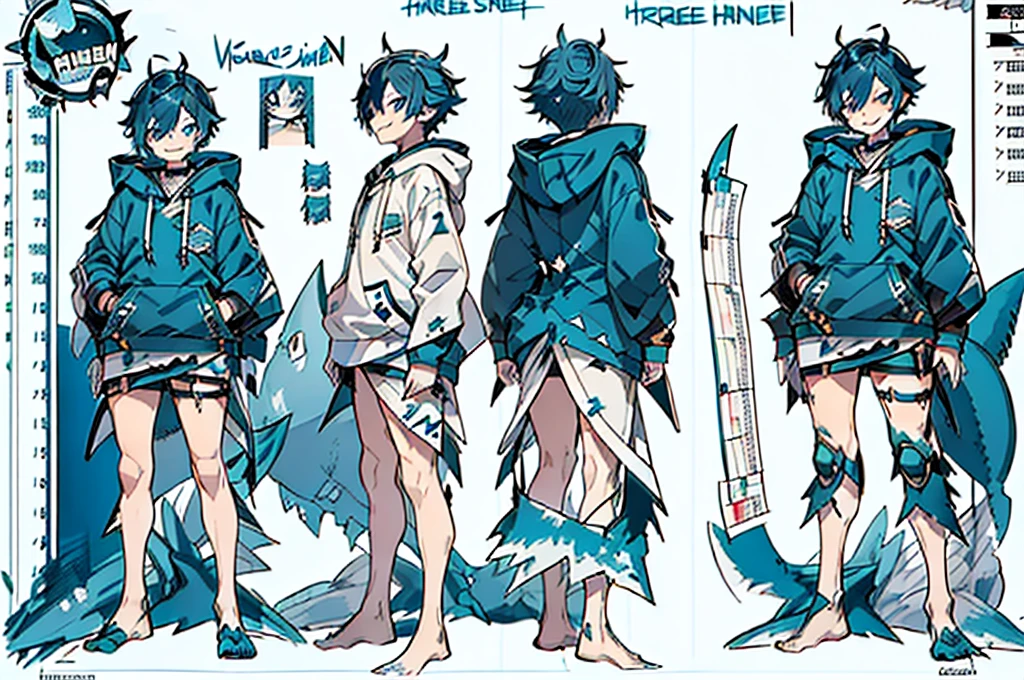 master-piece, hyper quality, hyper detailed, perfect drawing, 1boy, ((Hairstyle: Messy Japanese Round Haircut for Thick Hair)), ((blue hoodie)), ((shark tail)), ((Cute smile and sharp shark teeth), ((blue eyes)), ((blue hair,)) height 167cm, stand still, (character sheet:1.4), (concept art:1.4), fashionable