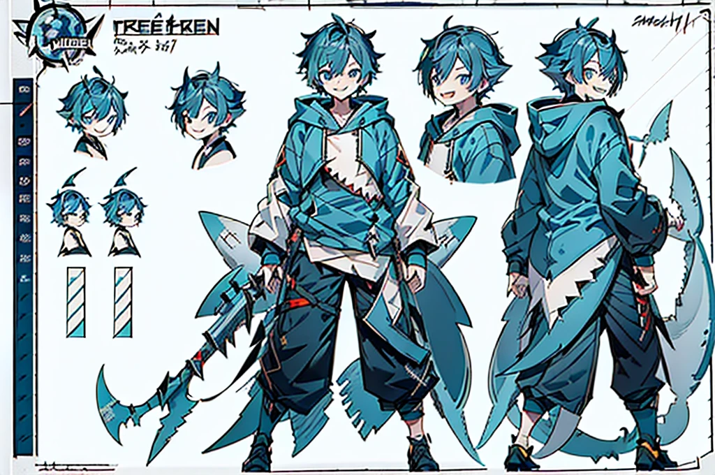 master-piece, hyper quality, hyper detailed, perfect drawing, 1boy, ((Hairstyle: Messy Japanese Round Haircut for Thick Hair)), ((blue hoodie)), ((shark tail)), ((Cute smile and sharp shark teeth), ((blue eyes)), ((blue hair,)) height 167cm, stand still, (character sheet:1.4), (concept art:1.4), fashionable