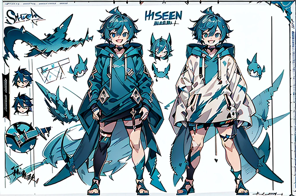 master-piece, hyper quality, hyper detailed, perfect drawing, 1boy, ((Hairstyle: Messy Japanese Round Haircut for Thick Hair)), ((blue hoodie)), ((shark tail)), ((Cute smile and sharp shark teeth), ((blue eyes)), ((blue hair,)) height 167cm, stand still, (character sheet:1.4), (concept art:1.4), fashionable