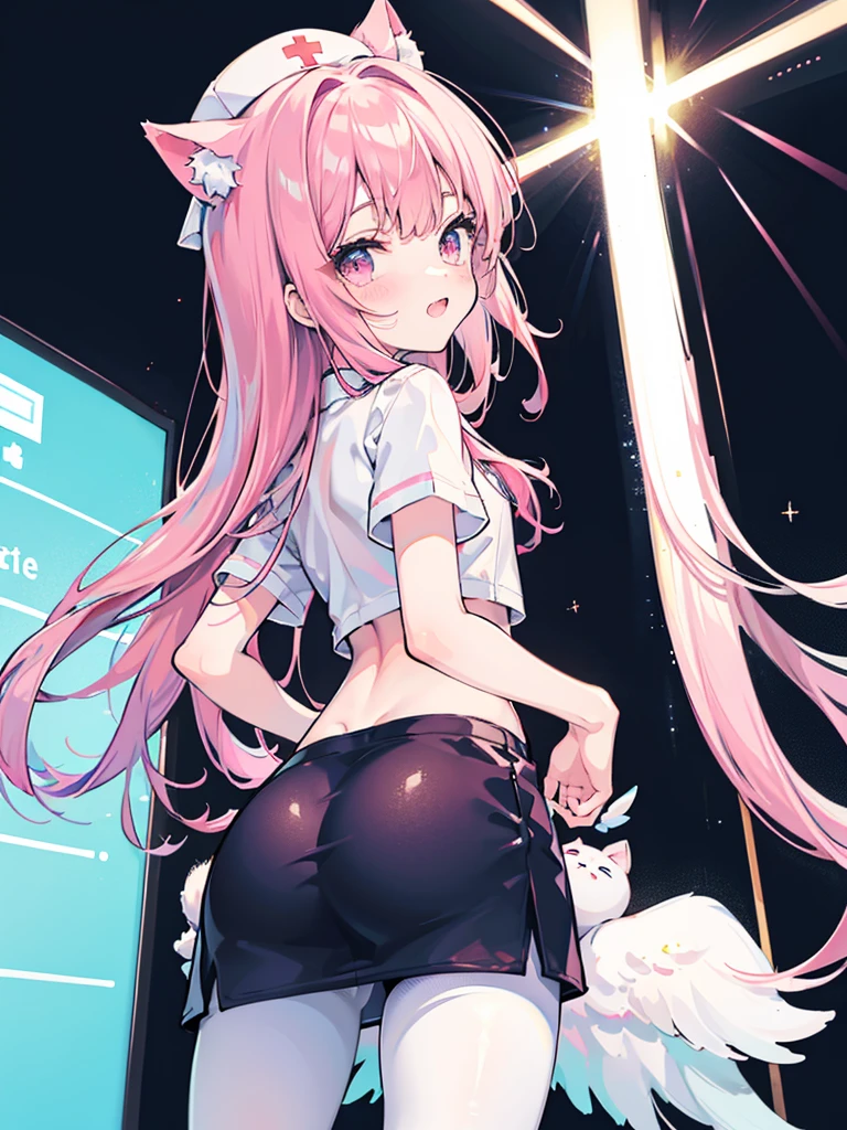 hyper ero anime style,cat ears pink long hair angel shota,nurse cap,hospital,flat chest,from below behind,butt shot,white pantyhose with skirt,big butt,laughter,