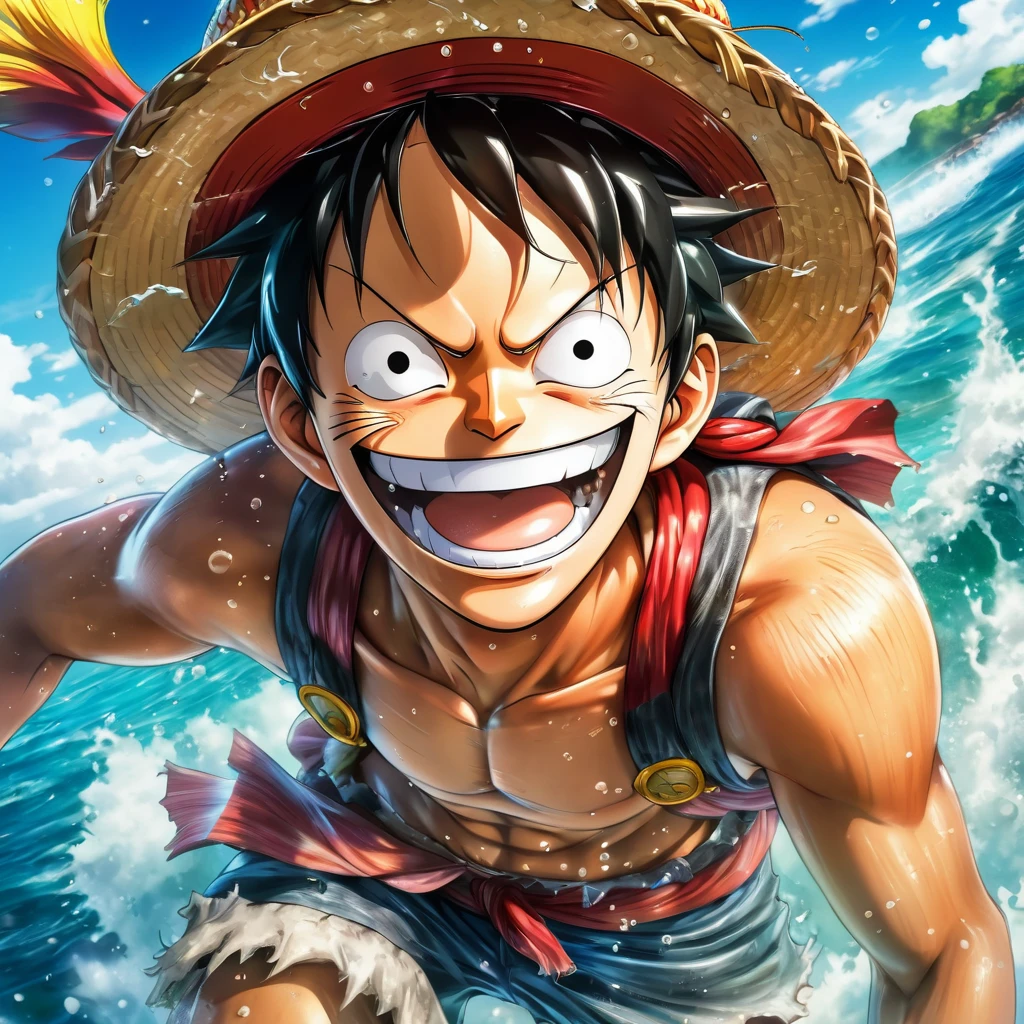 Luffy: With a straw hat on his head and an adventurous smile on his face, Luffy navega pelo mar em seu navio Going Merry, surrounded by his nakamas. Vibrant colors and expressive lines.