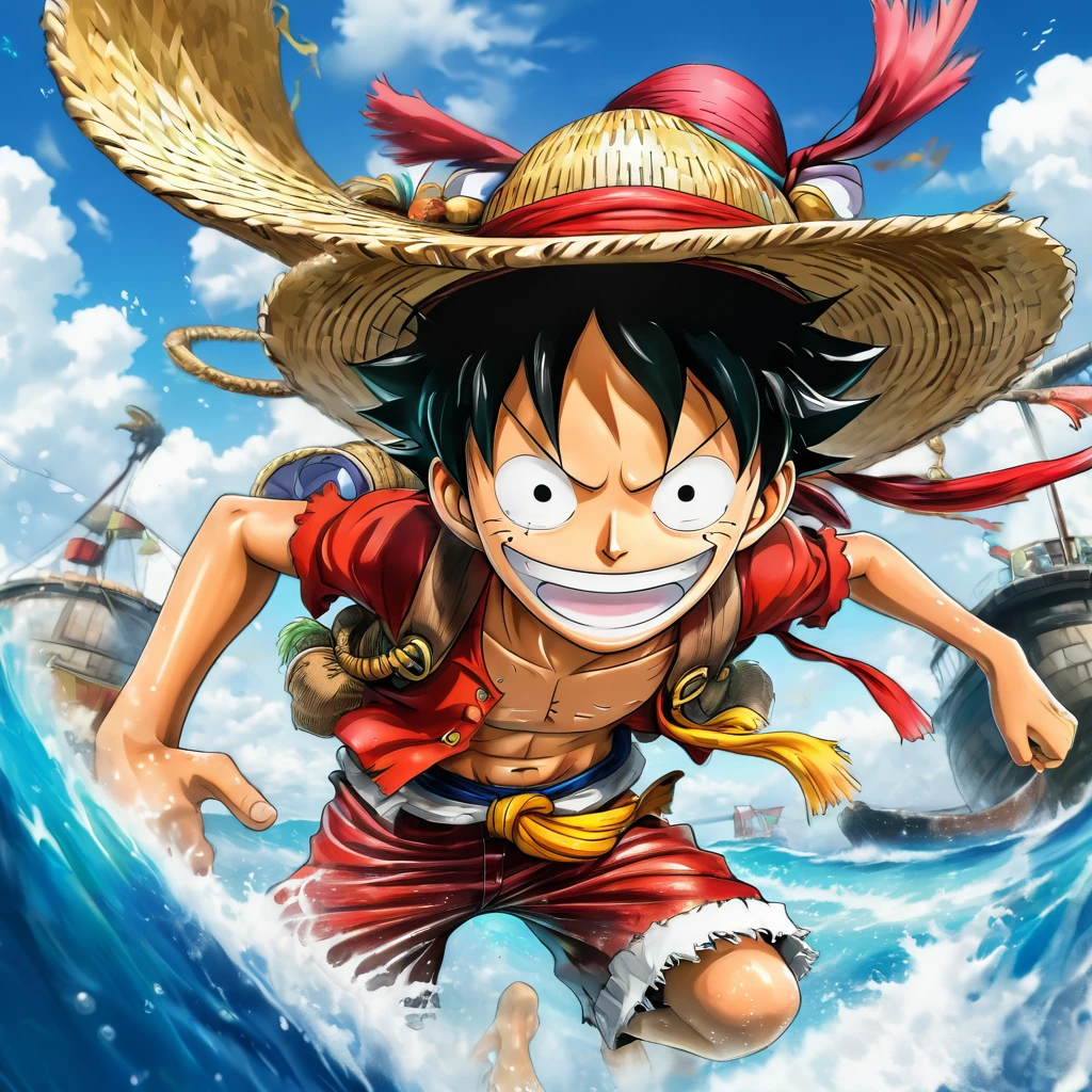 Luffy: With a straw hat on his head and an adventurous smile on his face, Luffy navega pelo mar em seu navio Going Merry, surrounded by his nakamas. Vibrant colors and expressive lines.