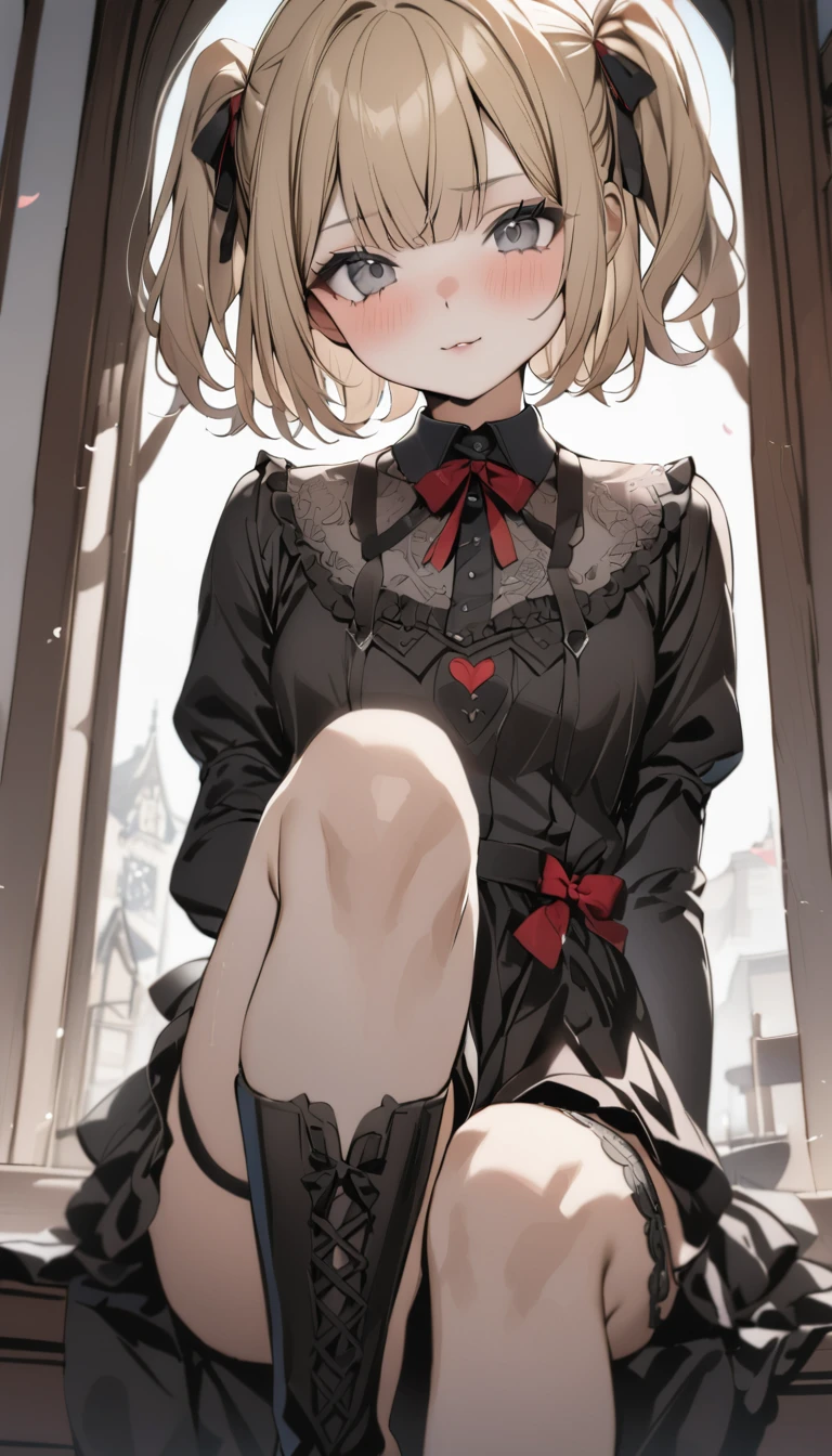 (Highest quality、masterpiece、Super detailed、One Girl、Cute face、Silky short blonde、(((Short hair in twin tails、Short bob twin tails)))、Gray eyes、From the knee up、Gothic ta Fashion、Highly detailed eye、Little red cheeks and nose、Cute face、
