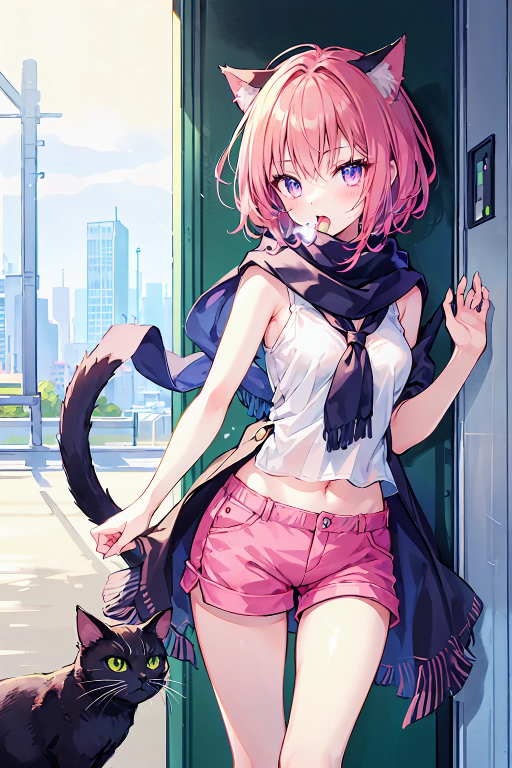 Very beautiful and Shining Eyes、Shining Eyes、1 Girl、Small breasts、Big Mouth、Small breasts、Cat ear、Transparent pink short hair、scarf、hot pants、7-year-old girl、Childish clothes