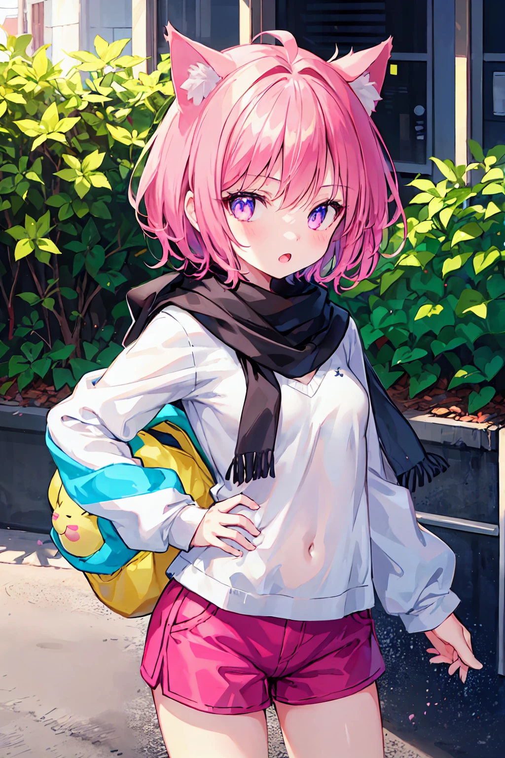 Very beautiful and Shining Eyes、Shining Eyes、1 Girl、Small breasts、Big Mouth、Small breasts、Cat ear、Transparent pink short hair、scarf、hot pants、7-year-old girl、Childish clothes