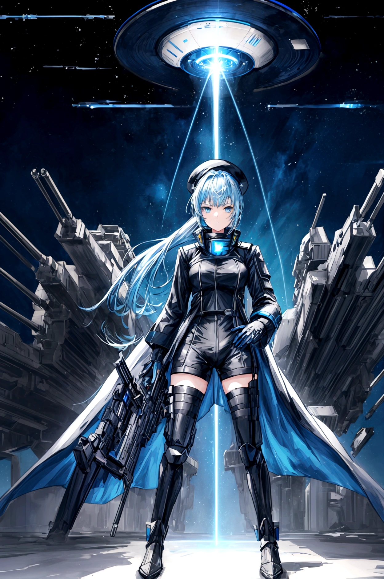 ((science fiction space fantasy)), A badass tall woman, an art of a female character standing amidst a galactic battlefront, (A female commander), ((a leader of a fleet of intergalactic armies)), White high ponytail with a glowing light blue highlights at the ends, Wielding a sword with deep blue aura, the mystical blade in her hand emitting a bright contrast blue light with a ray of energy, a futuristic intergalactic military uniform, Wearing Black shorts exposing the thighs, with a captain hat, a long simple dark boots. A masterpiece illustration, a light novel cover, best quality, best detail(Light novel illustrations), Arknights style, masterpiece, high quality, detailed.
