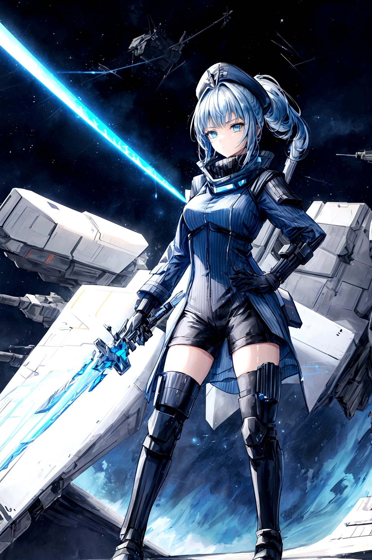 ((science fiction space fantasy)), A badass tall woman, an art of a female character standing amidst a galactic battlefront, (A female commander), ((a leader of a fleet of intergalactic armies)), White high ponytail with a glowing light blue highlights at the ends, Wielding a sword with deep blue aura, the mystical blade in her hand emitting a bright contrast blue light with a ray of energy, a futuristic intergalactic military uniform, Wearing Black shorts exposing the thighs, with a captain hat, a long simple dark boots. A masterpiece illustration, a light novel cover, best quality, best detail(Light novel illustrations), Arknights style, masterpiece, high quality, detailed.