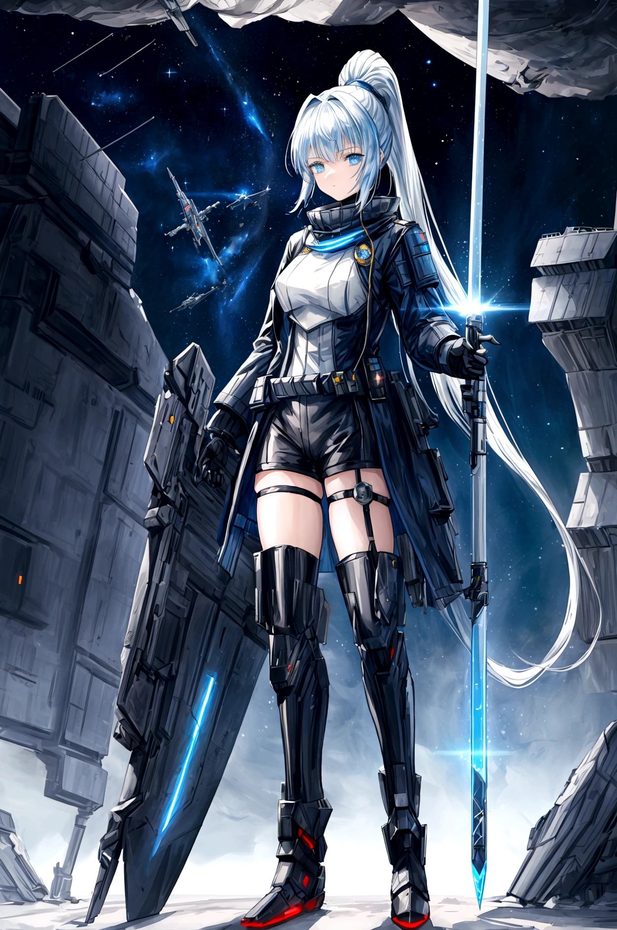 ((science fiction space fantasy)), A badass tall woman, an art of a female character standing amidst a galactic battlefront, (A female commander), ((a leader of a fleet of intergalactic armies)), White high ponytail with a glowing light blue highlights at the ends, Wielding a sword with deep blue aura, the mystical blade in her hand emitting a bright contrast blue light with a ray of energy, a futuristic intergalactic military uniform, Wearing Black shorts exposing the thighs, with a captain hat, a long simple dark boots. A masterpiece illustration, a light novel cover, best quality, best detail(Light novel illustrations), Arknights style, masterpiece, high quality, detailed.