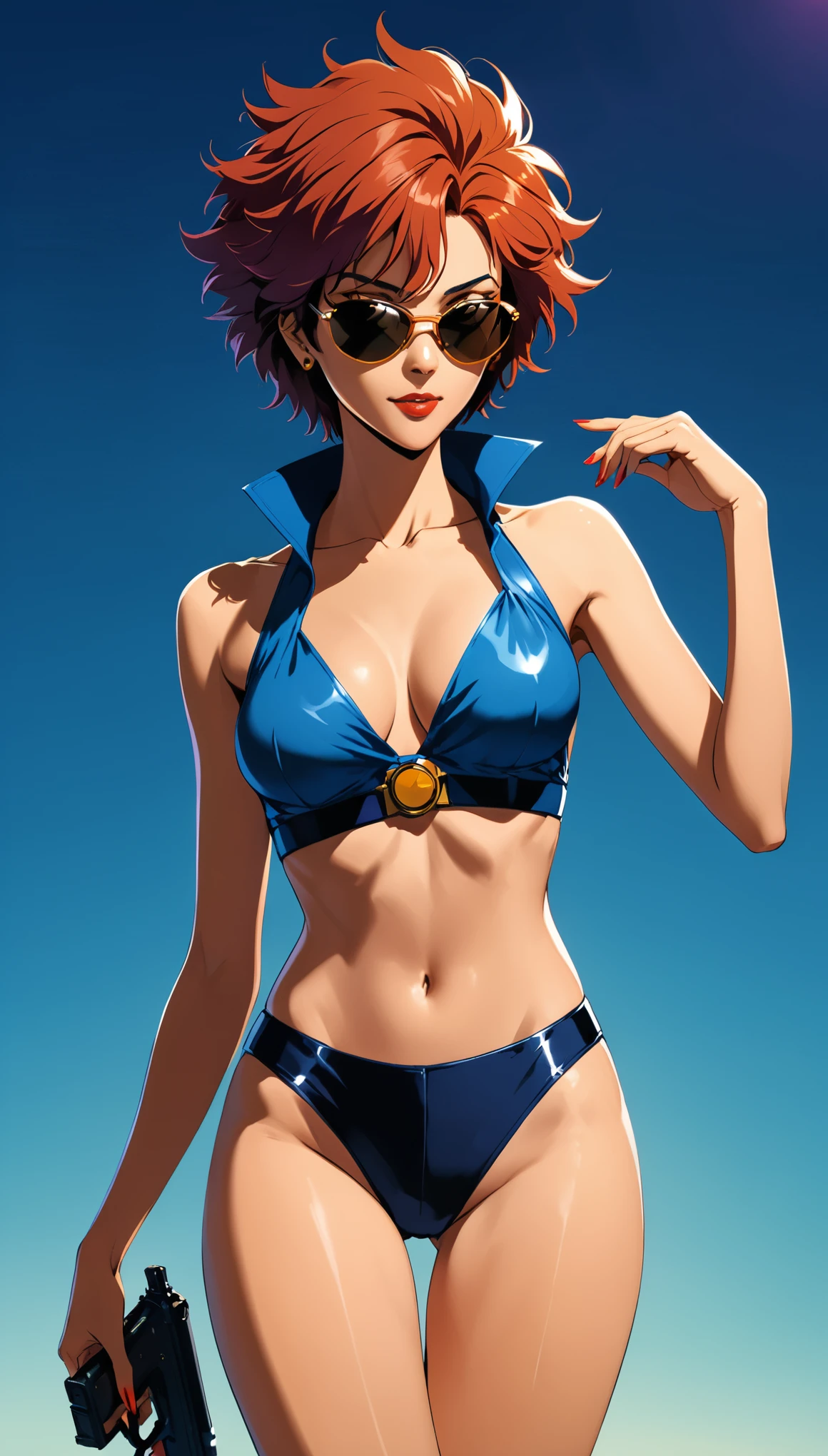 artist by Frank Miller,Character Conception,Miss,cowboy shot,cowboy bebop sytle,shining skin,diffuse gradient sunglassess, Popular topics on ArtStation,