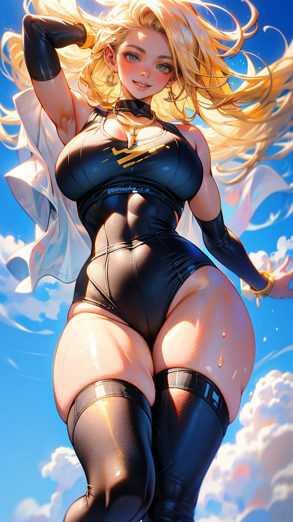 full body shot of A tanned curvy marathon runner, wearing thin sports wear, (thigh highs) , spreading her both arms as she finish the goal line, full of happiness, looks so happy , sweaty body,  big eyes , wide bold lips, athletics stadium , angle from below , extreamly voluptuous curvy body , super realistic skin, super detailed face, short hair , attractive long legs, huge breasts with deep cleavage , simple gold necklace ,(low-rise tight panty) , perfect abs , thick calves, sweaty body, attractive smile, cheek blushed , photorealistic, 8k, ultra realistic.