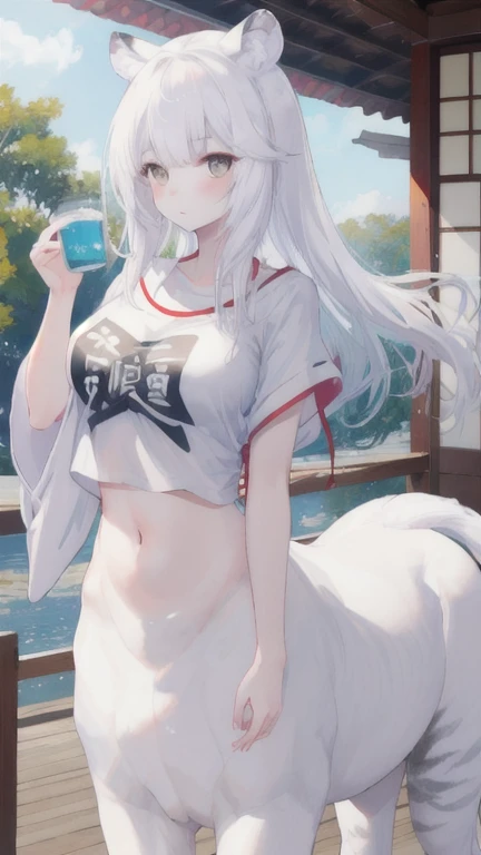 (best quality, masterpiece), 1 girl, centaur, It takes, White skin, Japanese female idol , exposing the abdomen,belly button t-shirt, 아름다운 소녀 perfect white tiger photo, perfect white tiger photo