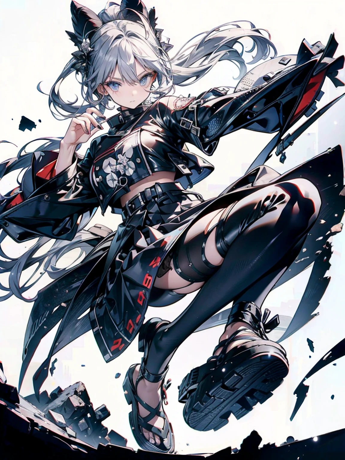 , (White Hair Girl), (Thick, dark blue eyebrows:1.4), (Dark blue eyebrows:1.7), (Thick eyebrows:1.3), (Huge black fluffy animal ears:1.1), (Black animal ears:1.1), BREAK, (((Mesh Stitching Crop T-Shirt, Cutout Long Sleeve Top))),BREAK, (Big Breasts:1.2, Thick legs, Adult female body, Sturdy body:1.5, Japanese style costume:1.5, Beautifully colored kimono:1.5,), ((Action pose:1.4 )), (sharp eyes, Ultra-high definition CG, Precisely designed costumes, 4K, 8K, Ultra-high definition CG, Simple outfit, Clear lines, Expressive and Captivating Eyes, Fine Details and Realistic Textures, cinematic lighting), ((white background)), BREAK, (Wearing black leggings with holes), Skinny sleeves, (Torn and holey leggings:1.2)(Black leggings:1.4), (過剰なRuggedThick soleブーツを履いています:1.2), (Thick sole:1.5), (Big shoes:1.3),
