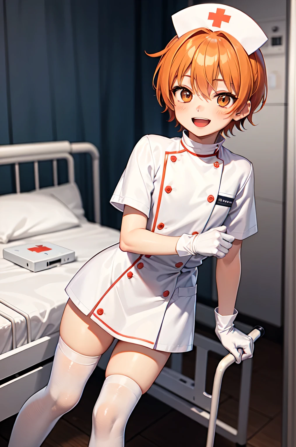 1boy, solo, male focus, nurse, white nurse cap, white nurse uniform, ((white legwear, zettai ryouiki)), white gloves, short hair, orange hair, smile, open mouth, standing, ((hospital room)), sharp outline, short sleeves, , 12 yet quality, masterpiece