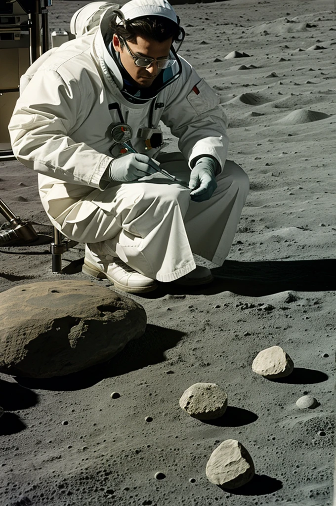 Draw me a drawing of a scientist examining lunar rocks in a laboratory