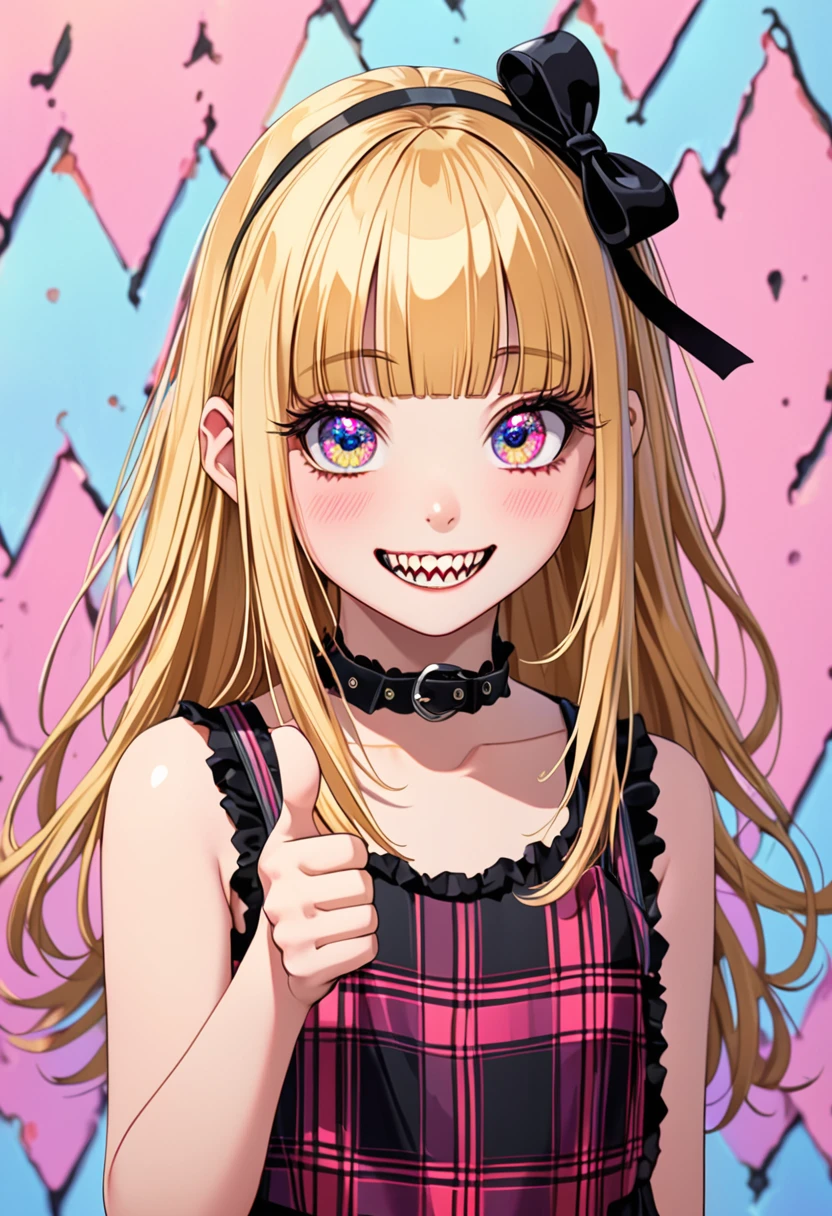 ((Masterpiece)), ((best quality)), (super detail:1.2), (High Definition:1.3), (Professional Photography:1.2), (wide shot), (sharp focus), (perfect light), ((12 years old)), (❤️🖤💗💔), cute young Girl, Glossy unruly hair, (loose blunt bangs), blonde hair with red mesh, (red mesh hair), long hair, big eyes, (long eyelashes), ((jagged teeth)), colorful eyes, (Unfocused eyes), blush, ((sad smile)), open mouth, ribbon belt, joy, (cute Plaid tanktop), barearms, (Thumbs up hand), ((👍️)), (colorful:1.3), gothic makeup, 👄,((against the Colorful pastel wall)), 8K, , gothic artstyle,