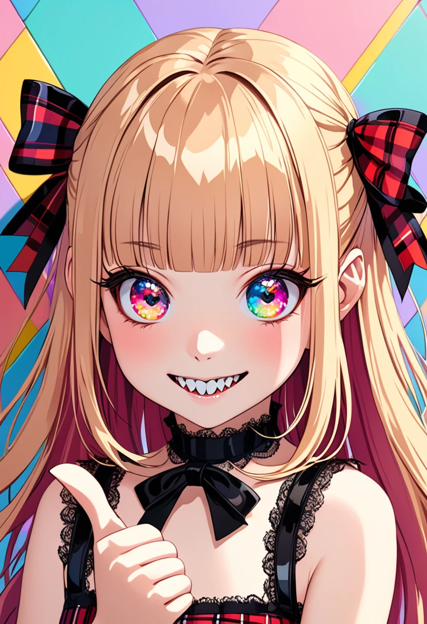 ((Masterpiece)), ((best quality)), (super detail:1.2), (High Definition:1.3), (Professional Photography:1.2), (wide shot), (sharp focus), (perfect light), (()), (❤️🖤💗💔), cute young Girl, Glossy unruly hair, (loose blunt bangs), blonde hair with red mesh, (red mesh hair), long hair, big eyes, (long eyelashes), ((jagged teeth)), colorful eyes, (Unfocused eyes), blush, ((sad smile)), open mouth, ribbon belt, joy, (cute Plaid tanktop), barearms, (Thumbs up hand), ((👍️)), (colorful:1.3), gothic makeup, 👄,((against the Colorful pastel wall)), 8K, , gothic artstyle,