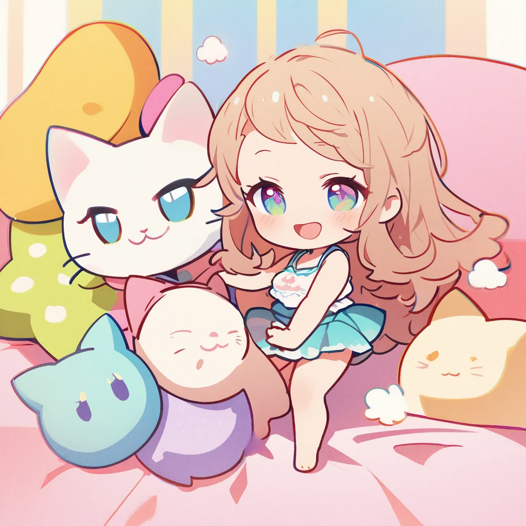 masterpiece、Highest quality、Depth of subject、((2D illustration))、1 beautiful girl、((colorful))、(((chibi style)))、((Long, beautiful hair))、Light brown hair、ribbon、cute、Beautifully detailed eyes、Tank top、((mini skirt))、(((vivid color))、((bed))、stuffed toy、((full body shot))、((Very happy face))、((kitten))、((There's a lot of pink around))、((Lens flare))、White light is shining、Sunbeam、My whole body was filled with light、Cinematic lighting、Full body lighting