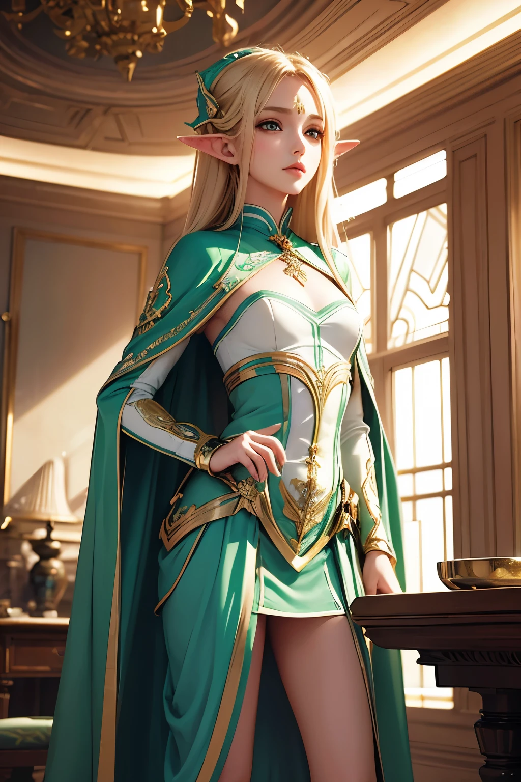 masterpiece,Highest quality,Very detailed,Elf Beautiful Girl,Long blonde hair,Very beautiful and detailed eyes,Thin legs,Long skirt, underweight,Small breasts,Peppermint Green Sci-Fi Suit,Luxurious cape,Sci-fi spaceship interior