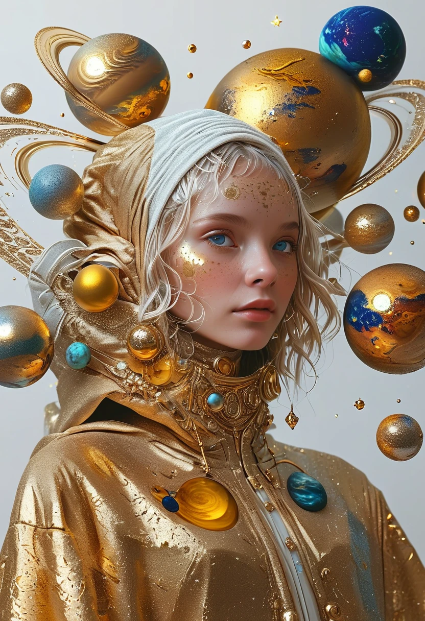 Highly detailed and exquisitely rendered 3D portraits of people, gold, It is surrounded by many orbiting planets with intricate planetary decoration., Studio Lighting, White Background,Simple and clean,Light and shadow,