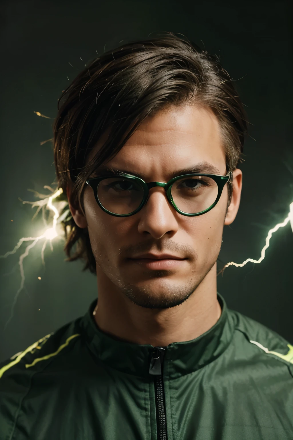 A man with green lightning bolt pattern hair covering his eyes and handsome glasses.