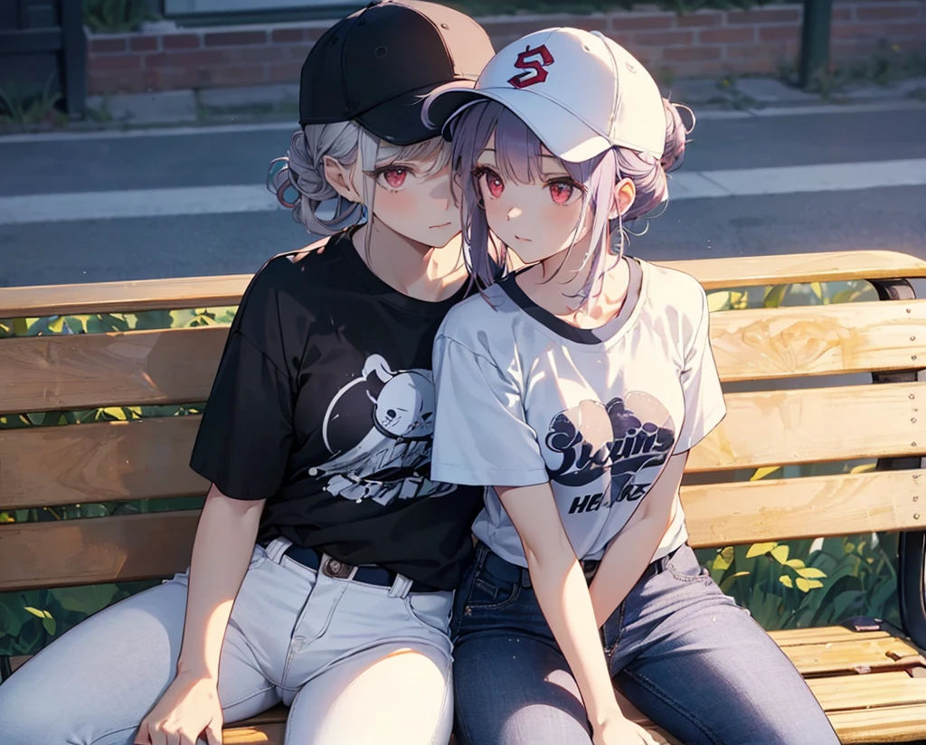 (Close-up:1.3),Realistic,Highest quality, Super detailed, High-quality CG rendering, The most delicate and beautiful, Floating softly, High resolution, (1 girl), (Highest quality,4K,8K,masterpiece:1.2), Light purple hair,(Hair in a bun:1.5),Red eyes,(Pure white oversized short sleeve T-shirt:1.3),(Black skinny jeans:1.3),(Pure white baseball cap:1.3),In the city,old buildings,(Sitting on a bench:1.4)