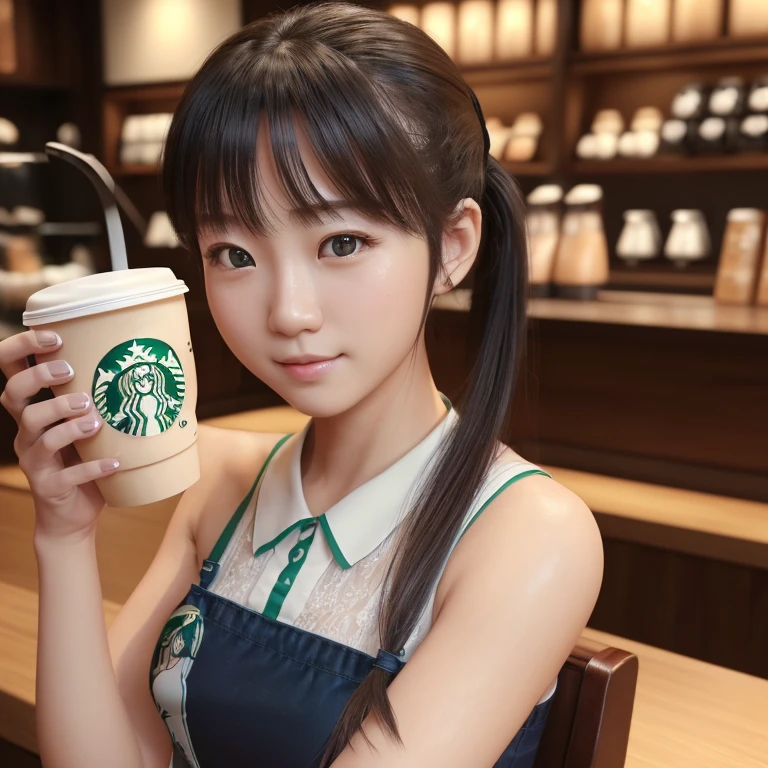 (masterpiece, Highest quality, shape, Subtle details, 8K:1.2),(非常に詳細な3D CG 8K 壁紙), (Highest quality), (Best Portrait Photography),(Starbucks Coffee),Twin tails,Beautiful sea