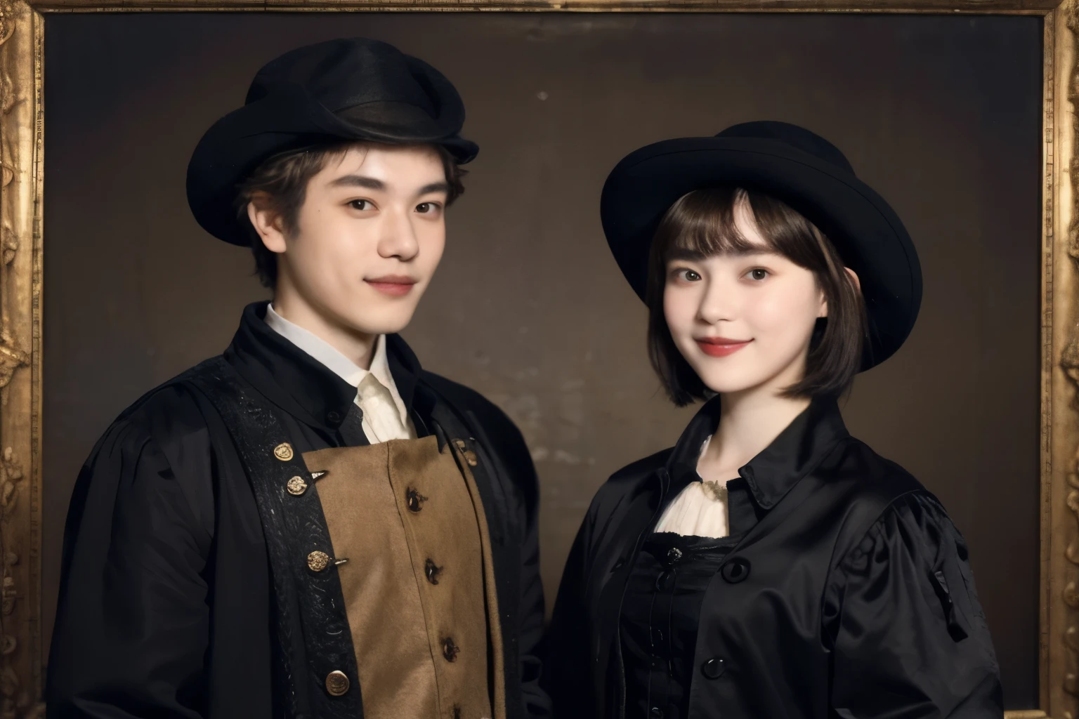 252 (An 18-year-old female and an 18-year-old male), (short hair),kind, lipstick, (Rembrandt-style painting), smile