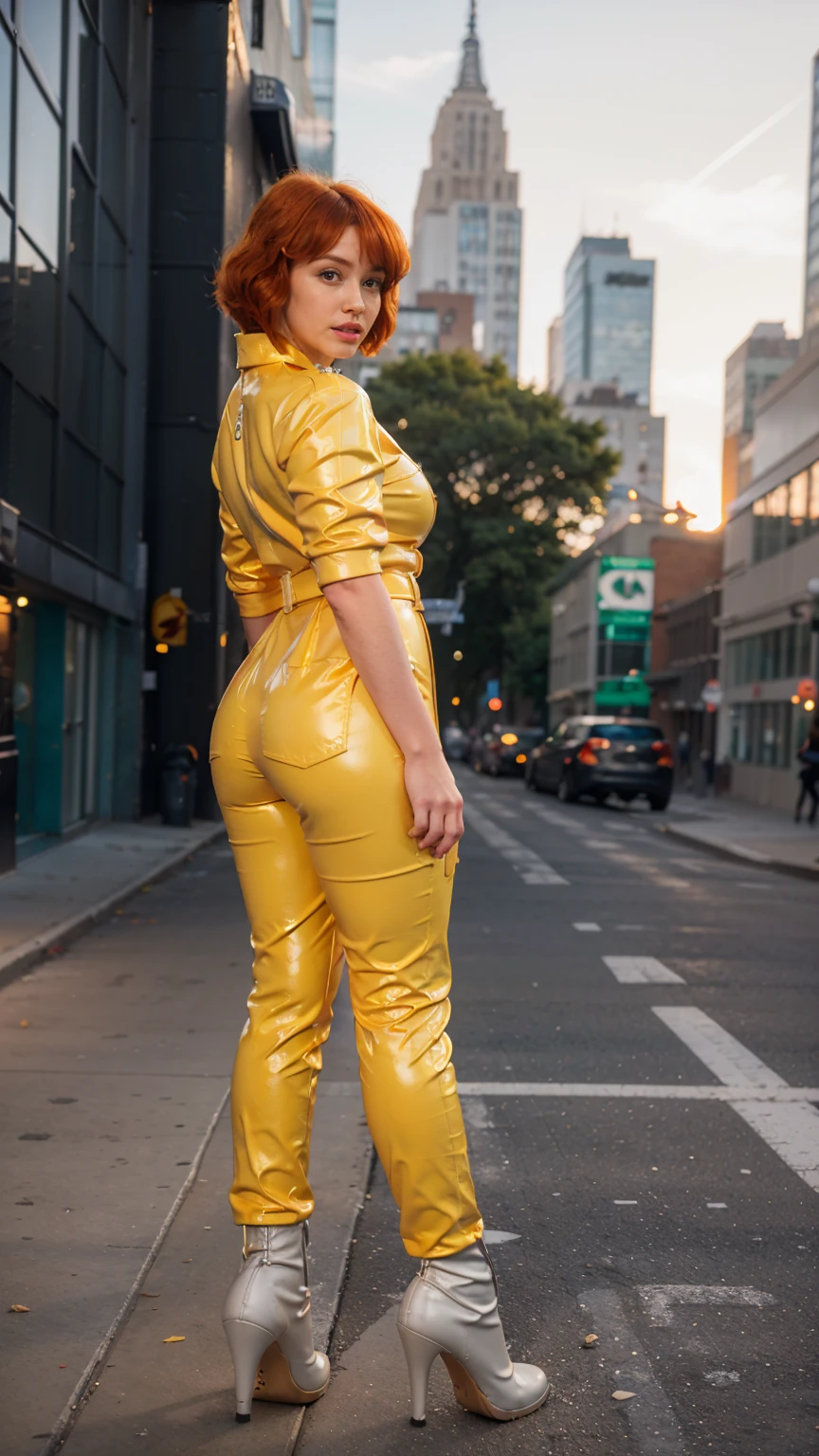 (masterpiece), (best quality), (solo character), (large breasts), (photorealistic:1.4), (chr1sh3n wearing white belt), (apriloneil costume, jumpsuit), (yellow latex jumpsuit), (apriloneil hairstyle), (apriloneil white belt), (apriloneil boots), (aprilonei wearing watch), (epiCRealLife), (lora:epiCFlashPhoto), (red hair), (red lipstick), (brown eyes), (young woman), (flashphoto), (sunset), (new york city view), (traffic light) (alleyway), (outdoor), (pose for picture), (from behind)