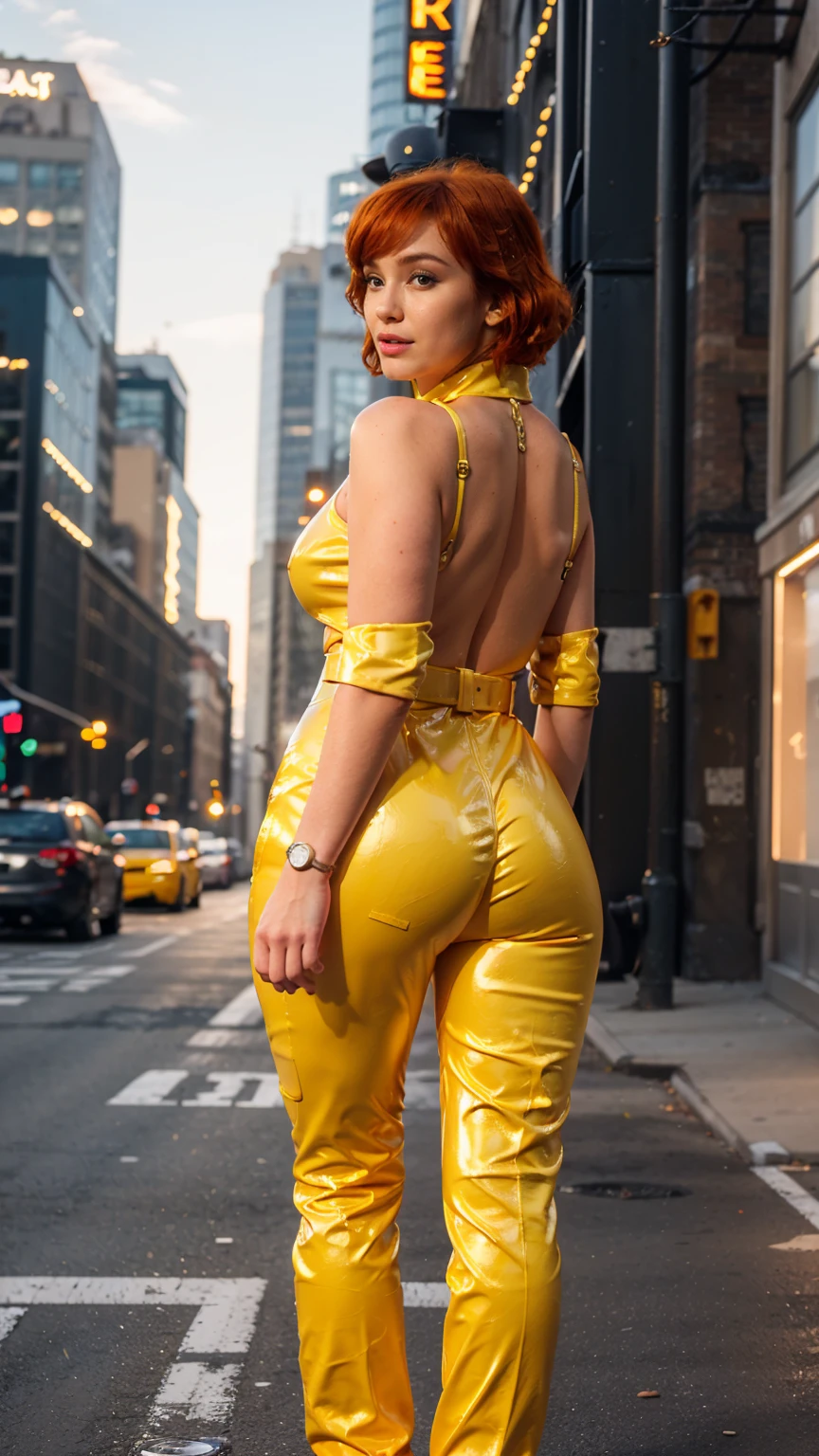 (masterpiece), (best quality), (solo character), (large breasts), (photorealistic:1.4), (chr1sh3n wearing white belt), (apriloneil costume, jumpsuit), (yellow latex jumpsuit), (apriloneil hairstyle), (apriloneil white belt), (apriloneil boots), (aprilonei wearing watch), (epiCRealLife), (lora:epiCFlashPhoto), (red hair), (red lipstick), (brown eyes), (young woman), (flashphoto), (sunset), (new york city view), (traffic light) (alleyway), (outdoor), (pose for picture), (from behind)