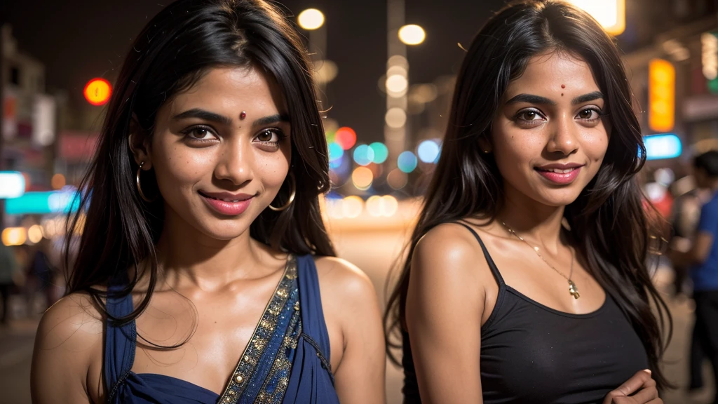 1 indian girl, new delhi street,night, cityscape,city lights,upper body,close-up,smile,, (8k, RAW photo, best quality, masterpiece:1.2),(realistic, photo-realistic:1.37),