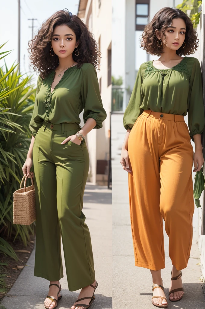 with curly hair and skin-colored brown eyes and a green blouse, orange pants and -flops