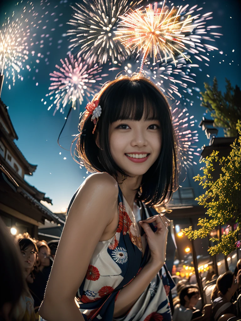 Highest quality、masterpiece、Ultra-high resolution、(Photorealistic:1.4)、RAW Photos、Detailed CG image quality、(Fireworks display:1.4)、Beautiful poop、One Girl、Japanese、21 years old、(blue eyes:1.2)、Pink lipstick、Laughter、(Black hair:1.4)、Updo Hair、White skin、(hair ornaments:1.4)、(yukata:1.4)、Detailed portrait、8K quality、Concept Art、A dramatic, cinematic atmosphere、(Japanese Shrines:1.2)、(Japanese red and white lanterns:1.2)、Wind Chimes、(3 + woman: 1.4)、Sharp focus、Volumetric lighting、Cinema Lighting、Depth of written boundary、Ambient Lighting、Blurred foreground、Blurred Background:1.3、(8mm fisheye lens:1.4)、(Angle from directly below:1.4)、(The whole body is visible:1.4)、 information