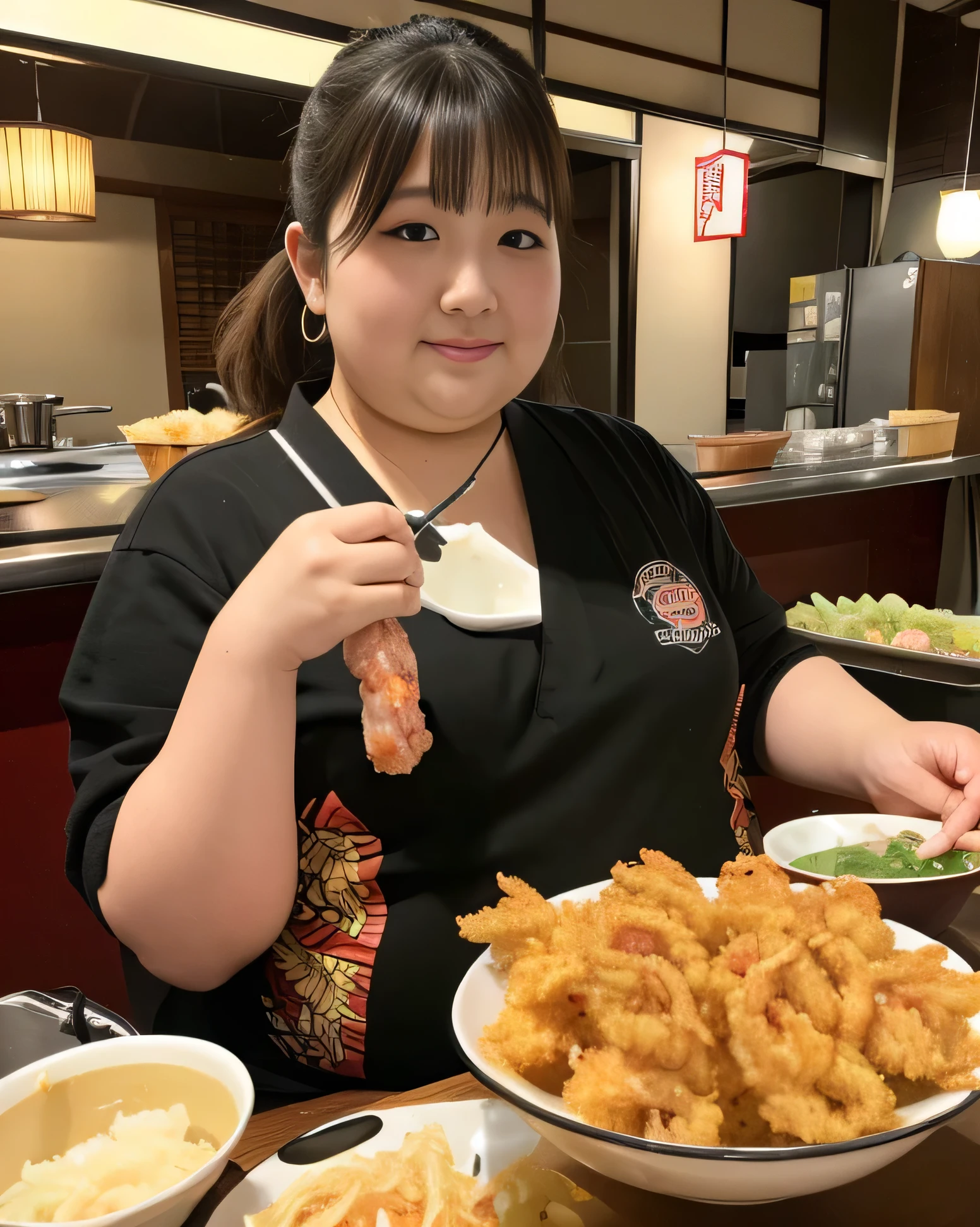 ((8K)), highest quality, 超High resolution, (Surreal)、(High resolution), 1 girl, Japanese, ((tempura)), ((eat the tempura)), Overweight, Extremely fat, ((Chubby))