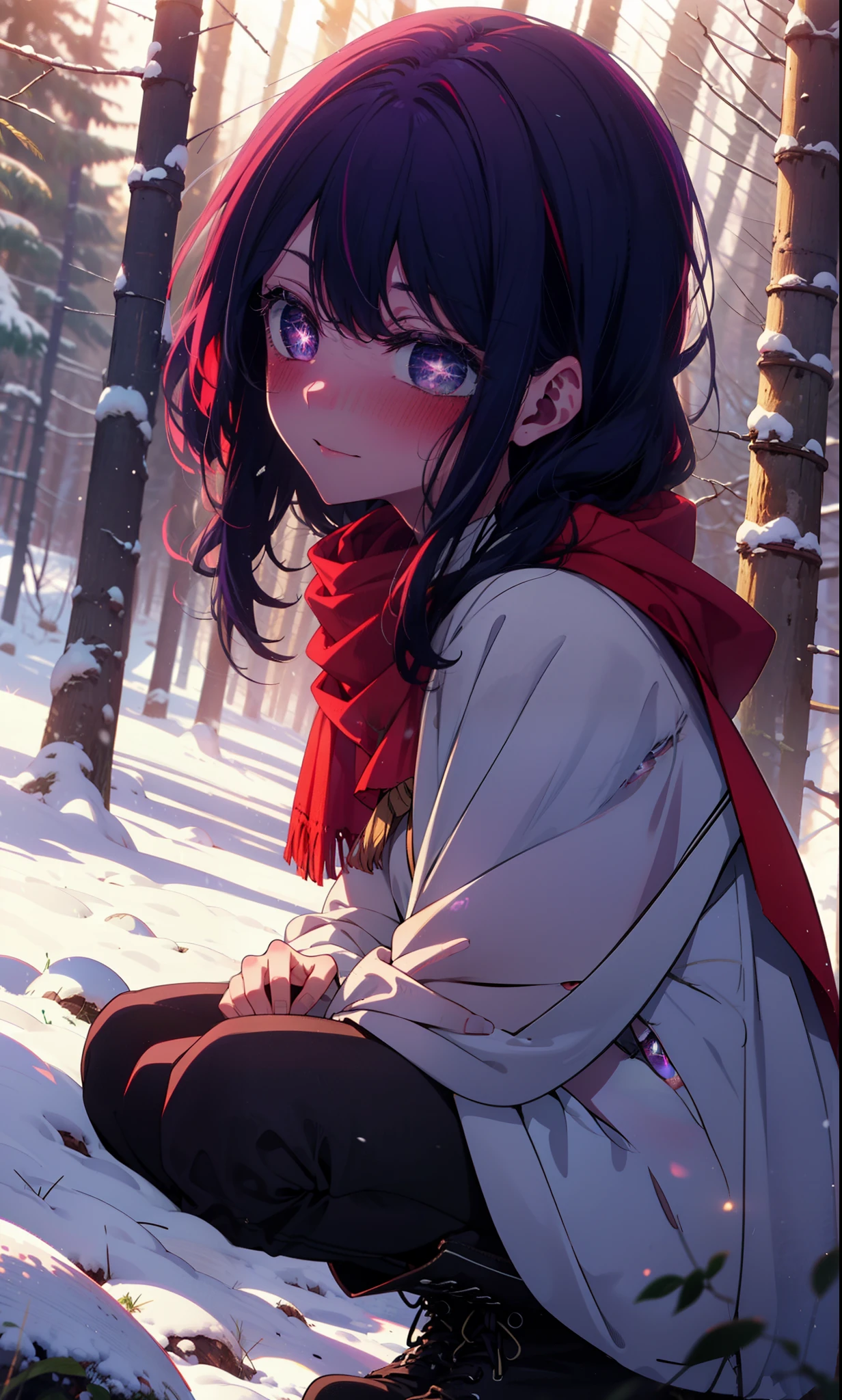 aihoshino, Ai Hoshino, Long Hair, bangs, (Purple eyes:1.1), Purple Hair, (Symbol-shaped pupil:1.5), smile,,smile,blush,White Breath,
Open your mouth,snow,Ground bonfire, Outdoor, boots, snowing, From the side, wood, suitcase, Cape, Blurred, , forest, White handbag, nature,  Squat, Mouth closed, Cape, winter, Written boundary depth, Black shoes, red Cape break looking at viewer, Upper Body, whole body, break Outdoor, forest, nature, break (masterpiece:1.2), Highest quality, High resolution, unity 8k wallpaper, (shape:0.8), (Beautiful and beautiful eyes:1.6), Highly detailed face, Perfect lighting, Extremely detailed CG, (Perfect hands, Perfect Anatomy),