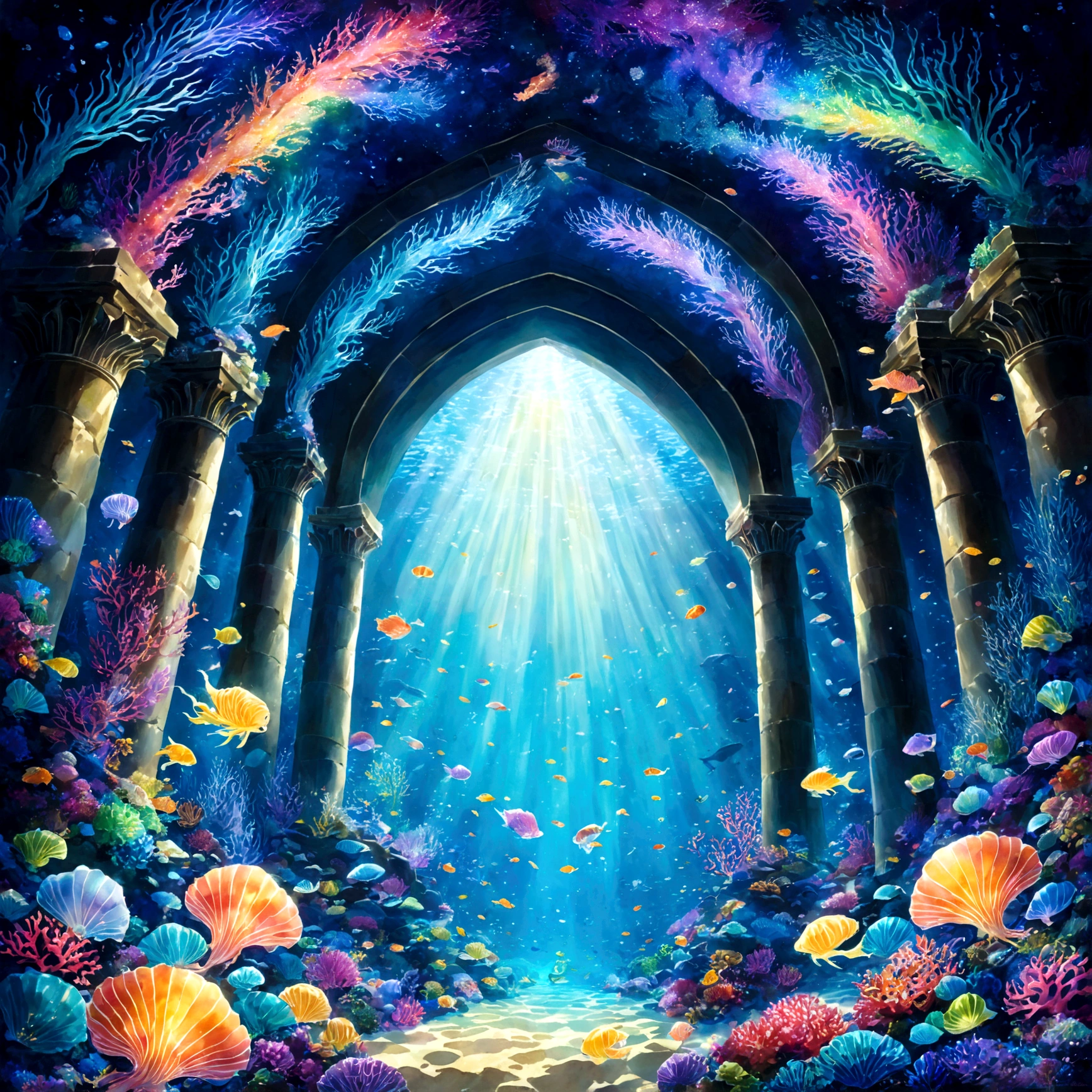 七色の光を放つhugeなCoral Reefが、Towering high in the sky、幻想的なseabed世界。At its heart、White coral、pearl、そしてあらゆるgemで装飾された、壮麗なDragon Palaceがそびえ立つ。The wall、Covered in rainbow-colored shells、無数のLuminous jellyfishが、Floating gracefully around the castle。From inside the castle、Fun music and、mermaidたちの歌声が聞こえてくる。Dragon Palaceの上空には、Auroraのように輝くhugeなドームが広がり、Under that、mermaidやMarine lifeたちが、GorgeousなBanquetを繰り広げている。It&#39;s so bright you wouldn&#39;t believe it&#39;s the bottom of the ocean.、full of vitality、誰もがdream見るような、A gorgeous and splendid world unfolds。beautifulファンタジーの世界, Japan folktales, Dragon Palace, seabed, Coral Reef, White coral, pearl, gem, Luminous jellyfish, mermaid, Marine life, Aurora, Gorgeous, beautiful, huge, mysterious, Banquet, dream
