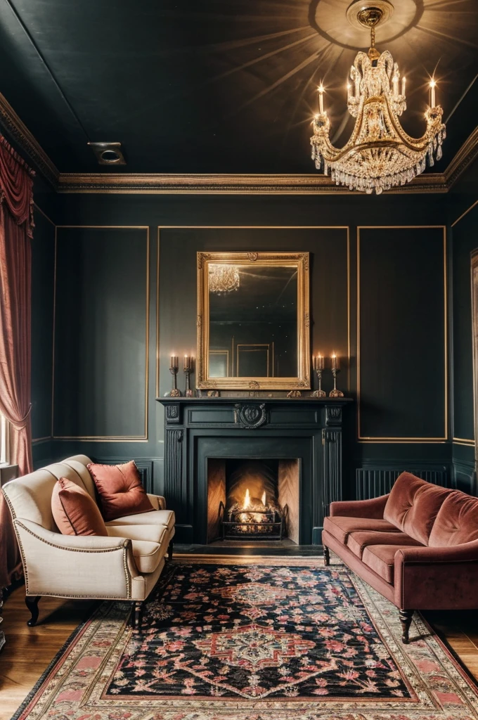 Composition Interior design of the room, cozy, the atmosphere is very good, a sofa with soft furniture, a multi-colored rug, a fireplace in the coal, a very shining chandelier, portraits hanging on the wall, against the backdrop of a classic level