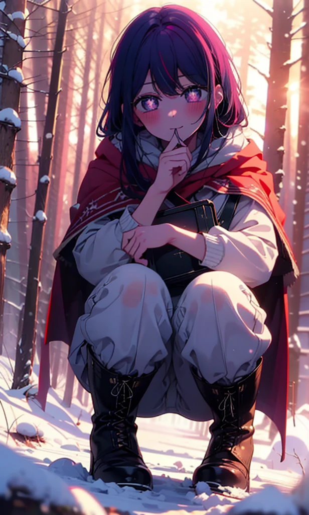 aihoshino, Ai Hoshino, Long Hair, bangs, (Purple eyes:1.1), Purple Hair, (Symbol-shaped pupil:1.5), smile,,smile,blush,White Breath,
Open your mouth,snow,Ground bonfire, Outdoor, boots, snowing, From the side, wood, suitcase, Cape, Blurred, , forest, White handbag, nature, Squat, Mouth closed, Cape, winter, Written boundary depth, Black shoes, red Cape break looking at viewer, Upper Body, whole body, break Outdoor, forest, nature, break (masterpiece:1.2), Highest quality, High resolution, unity 8k wallpaper, (shape:0.8), (Beautiful and beautiful eyes:1.6), Highly detailed face, Perfect lighting, Extremely detailed CG, (Perfect hands, Perfect Anatomy),