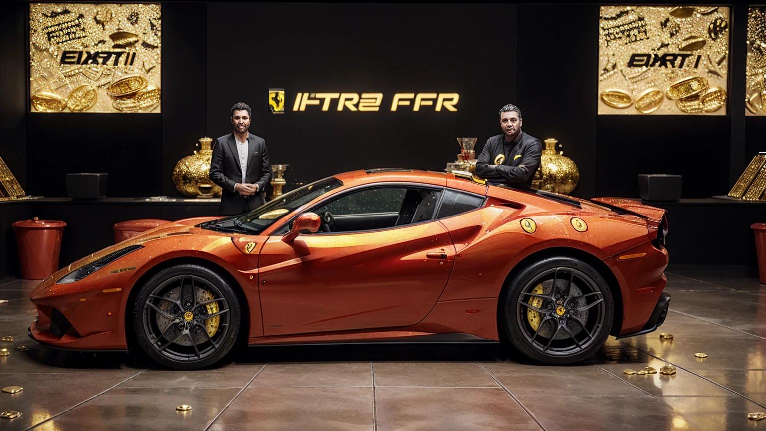 man next to a ferrari, full of gold coins falling from the sky, ultra detailed image, realism, 8k, hyper detailed skin, intense and vivid colors."man next to a ferrari"