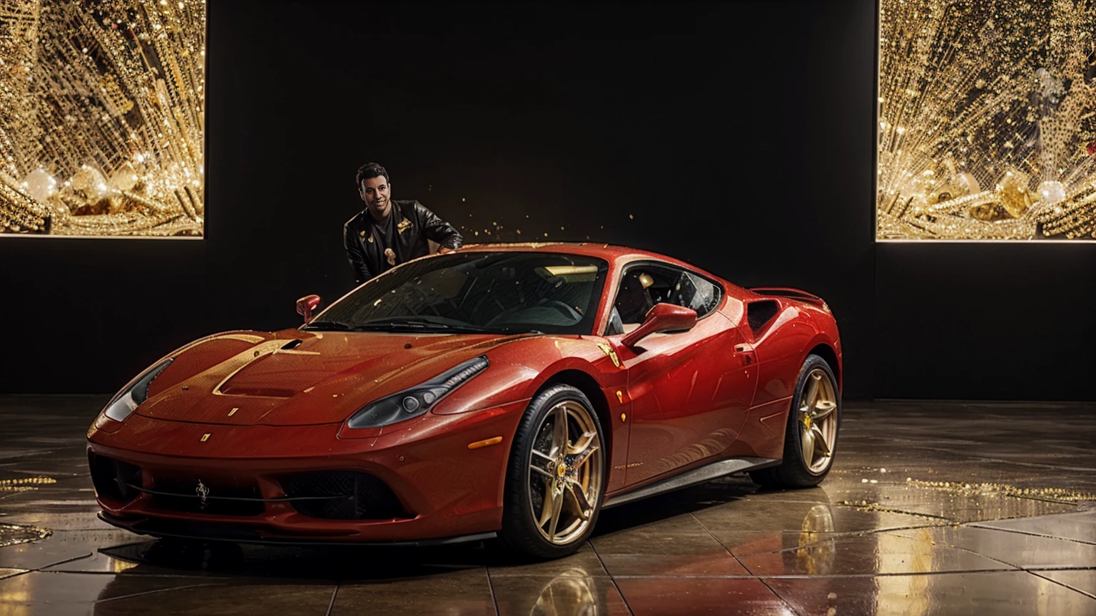 man next to a ferrari, full of gold coins falling from the sky, ultra detailed image, realism, 8k, hyper detailed skin, intense and vivid colors."man next to a ferrari"