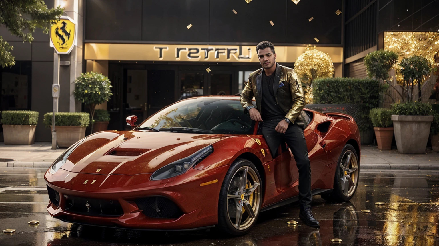 man next to a ferrari, full of gold coins falling from the sky, ultra detailed image, realism, 8k, hyper detailed skin, intense and vivid colors."man next to a ferrari"