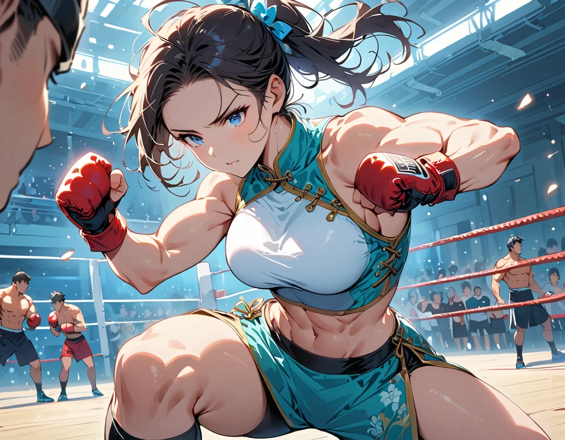 Boxing Match between muscular woman and doing a knee strike, six pack, no men in background , Chinese dress crop top, and leggings ,portrait, empty dojo background