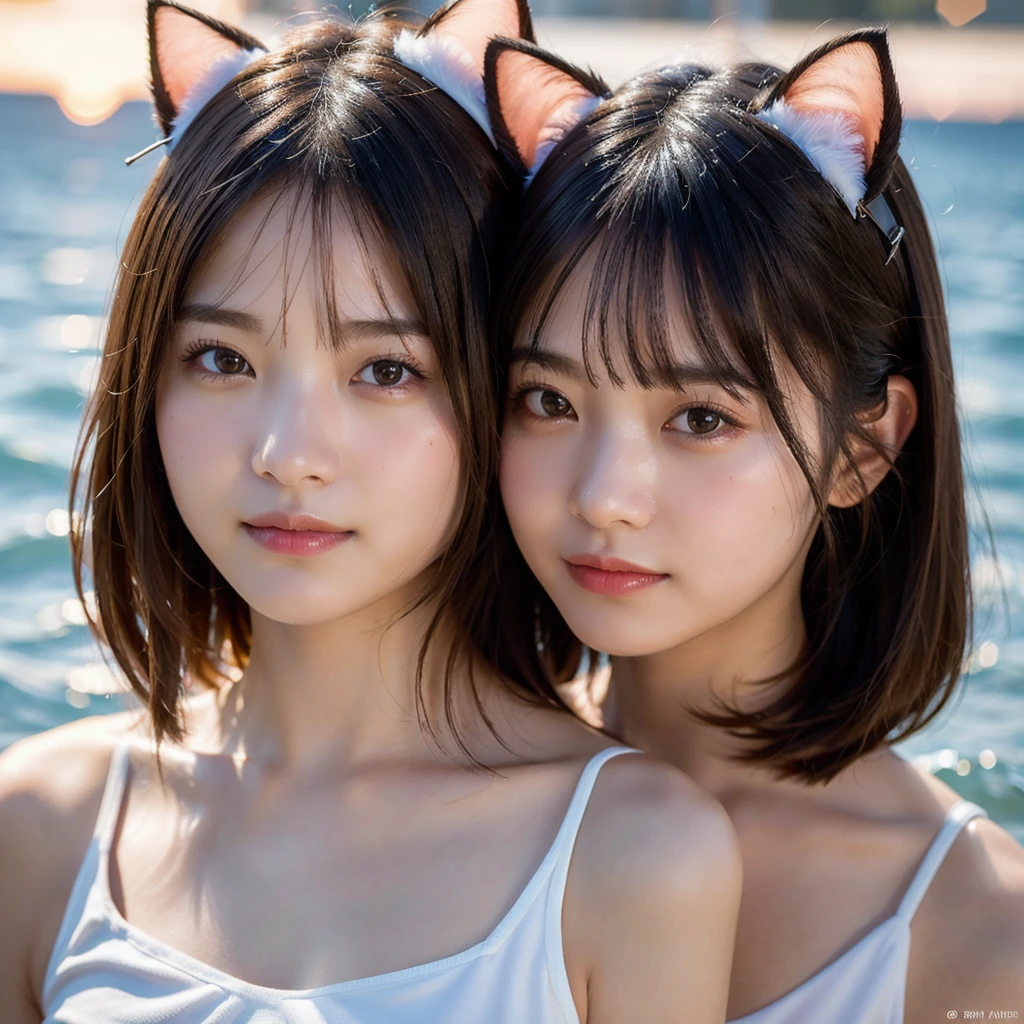 8K、Two beautiful girls,  and 18 years olissing Face,Rembrandt Lighting,(Photorealistic:1.2), (Highest quality), (Detailed skin:1.3), (Intricate details), Ray Tracing,Two Girls, In detail,real，RAW Photos & Realistic atmosphere,、Beautiful, shining lips, Detailed face、Cheek to cheek， in the sea、Strong winds (Highest quality,masterpiece:1.3,Ultra-high resolution),(Very detailed,Caustics,8K),(Realistic:1.4,RAW shooting), In detail,real，Scattered beneath the surface,(blush:0.5), Detailed skin texture,Japanese,cute,Cat ears headband，Black long and short hair,Looking at the camera,Collarbone Bare Skin,Shoulder Bare Skin,(Face Focus:1.1),(Face close-up:1.1),Sunset,Natural light
