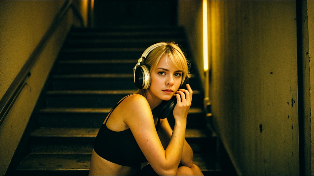 Beautiful blonde with big breasts in black mode casual (Stairs of a Western-style building late at night、sit),Wearing headphones,Very detailed, 21 years old, Innocent face, Bob Hair, blue eyes, High resolution, masterpiece, Highest quality, Intricate details, Very detailed, Clear focus, Delicate skin, practical skin texture, texture, Delicate eyes, Professional, 4K, Sad face,despair、 Shot with Canon, 85mm, Shallow and deep,  Kodak Vision Color, Exactly, Very detailed, photograph_\(Extremist\), photographpractical, practical, Post-processing, Maximum details, Roughness, Real Life, Extremist practical, Photorealism, photographgraphy, 8K Ultra HD, photographgraphy