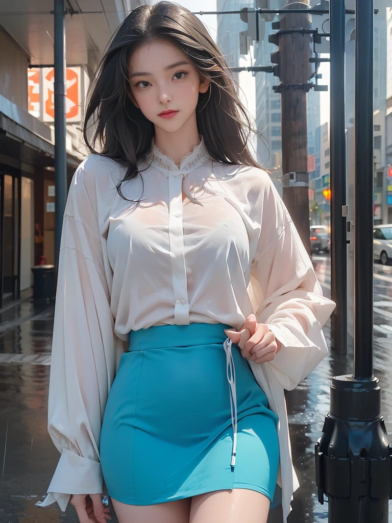 ((best quality, 8K, masterpiece: 1.3)),upper body,Black Hair, black eye,sharp focus: 1.2, beautiful woman with a perfect body: 1.4, ((Medium Hair, large: 1.2)), (small and beautiful hard (White long sleeve blouse with lace、Silk Tight dark turquoise long skirt), (wet from rain: 1.2), (rain, street: 1.2), wet body: 1.1, Highly detailed face and skin texture, detailed eyes, double eyelids, White skin,,E cup,smile,Financial district of the big city,Skyscraper,White skin,Wet Hair、Wet Skin、Wet clothes、smile、