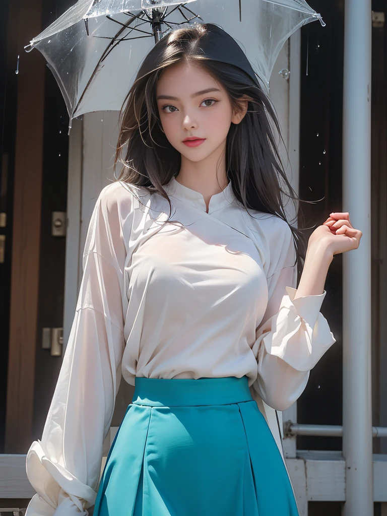 ((best quality, 8K, masterpiece: 1.3)),upper body,Black Hair, black eye,sharp focus: 1.2, beautiful woman with a perfect body: 1.4, ((Medium Hair, large: 1.2)), (small and beautiful hard (White long sleeve blouse with lace、Silk Tight dark turquoise long skirt), (wet from rain: 1.2), (rain, street: 1.2), wet body: 1.1, Highly detailed face and skin texture, detailed eyes, double eyelids, White skin,,E cup,smile,Financial district of the big city,Skyscraper,White skin,Wet Hair、Wet Skin、Wet clothes、smile、