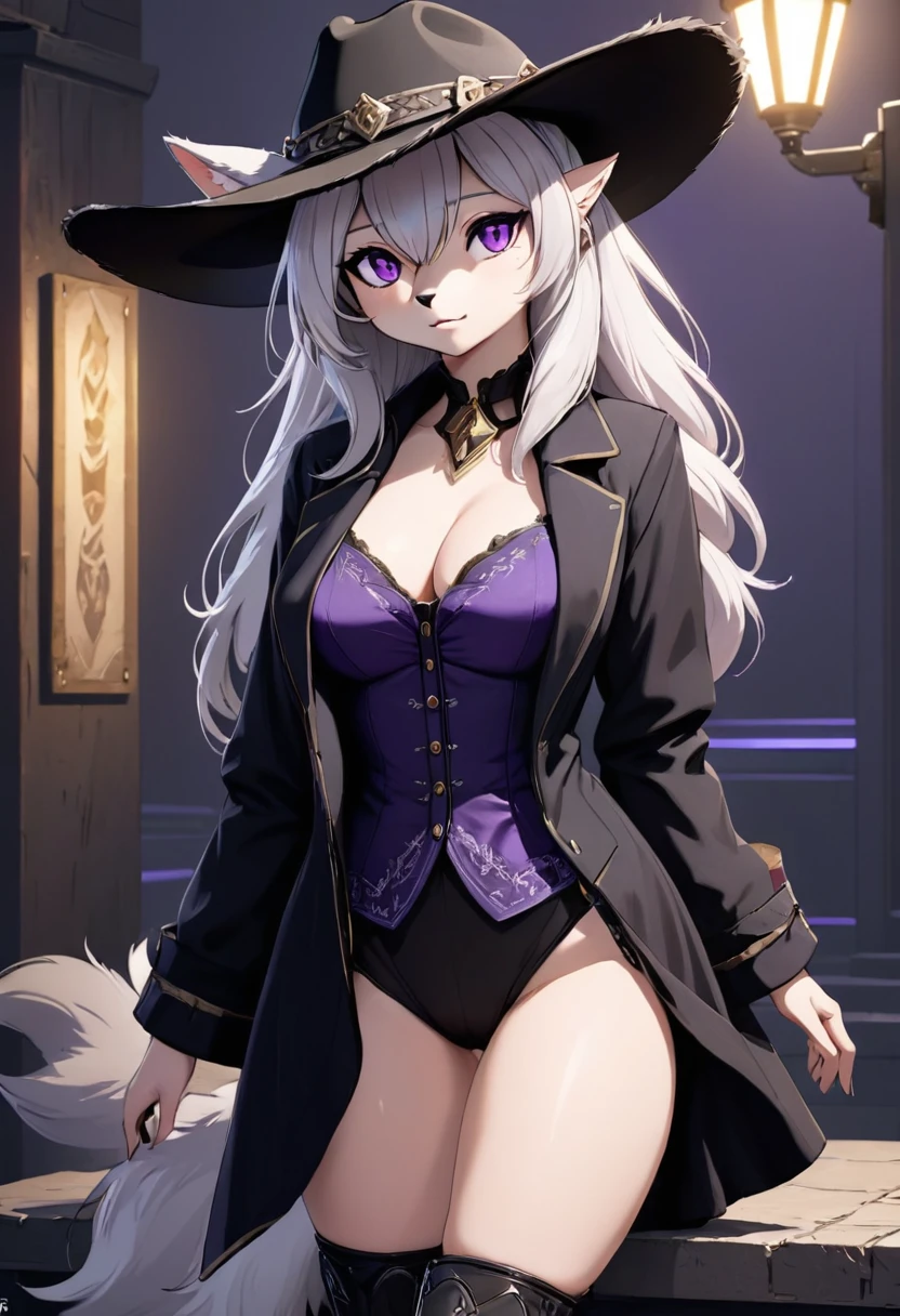 fox, female, solo, white hair, ponytail, ((grey fur)), (purple eyes), breast, ((black gambler clothes)), black coat, (((large cowboy hat))), (((black cowboy hat))), purple handkerchief, card background, card frame, nameplate, Very good figure, best quality, highres, 16k, Natural soft light, Tyndall effect, Advanced film lighting, Unreal Engine5, Extremely realistic, A high resolution, perfect masterpiece, high quality, high resolution