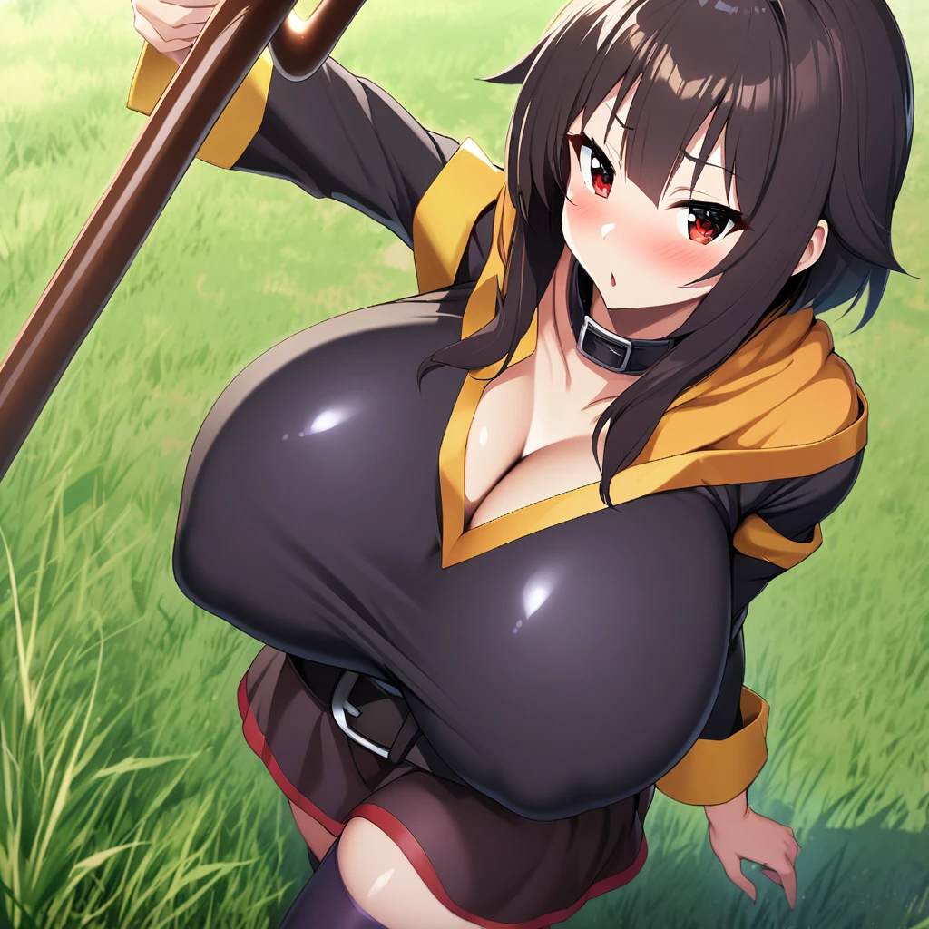 megumin(konosuba),1girl,solo,Females in heat,blush,super huge breasts,slender,cane,looking at viewer,out door's,grasslands